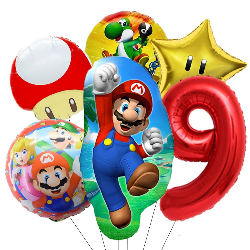 Super Mario Bros Birthday Ballons 6pcs Set Anime Aluminum Kids Foil Balloon Ornament Number Balloons Party Decoration Props Gift