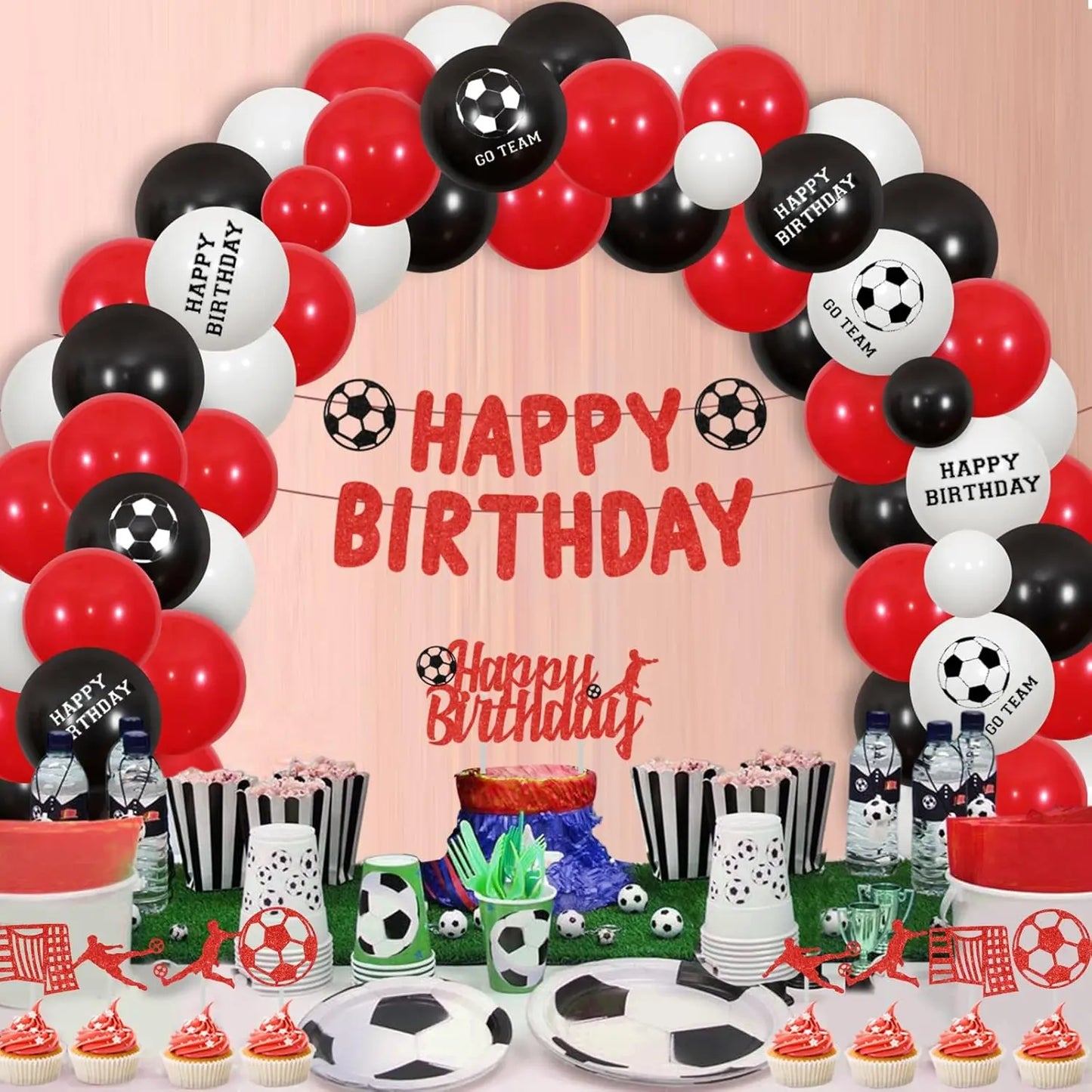 Soccer Theme Party Decor Red Black Balloon Garland Kit Happy Birthday Banner Cake Cupcake Topper Red Balloon for Boys Girls