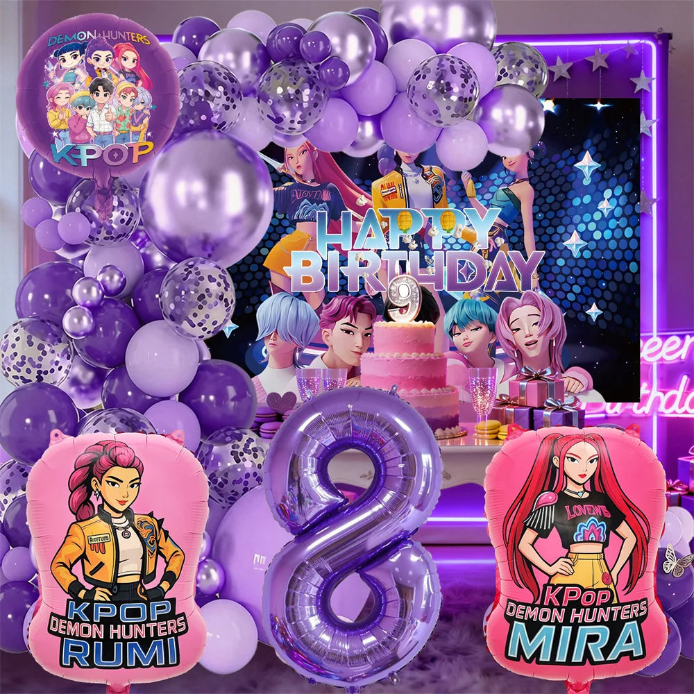 K-Pop Birthday Party Decorations, Purple Pink Balloon Garland Kit with Foil Balloons & Happy Birthday Backdrop for Girls Party