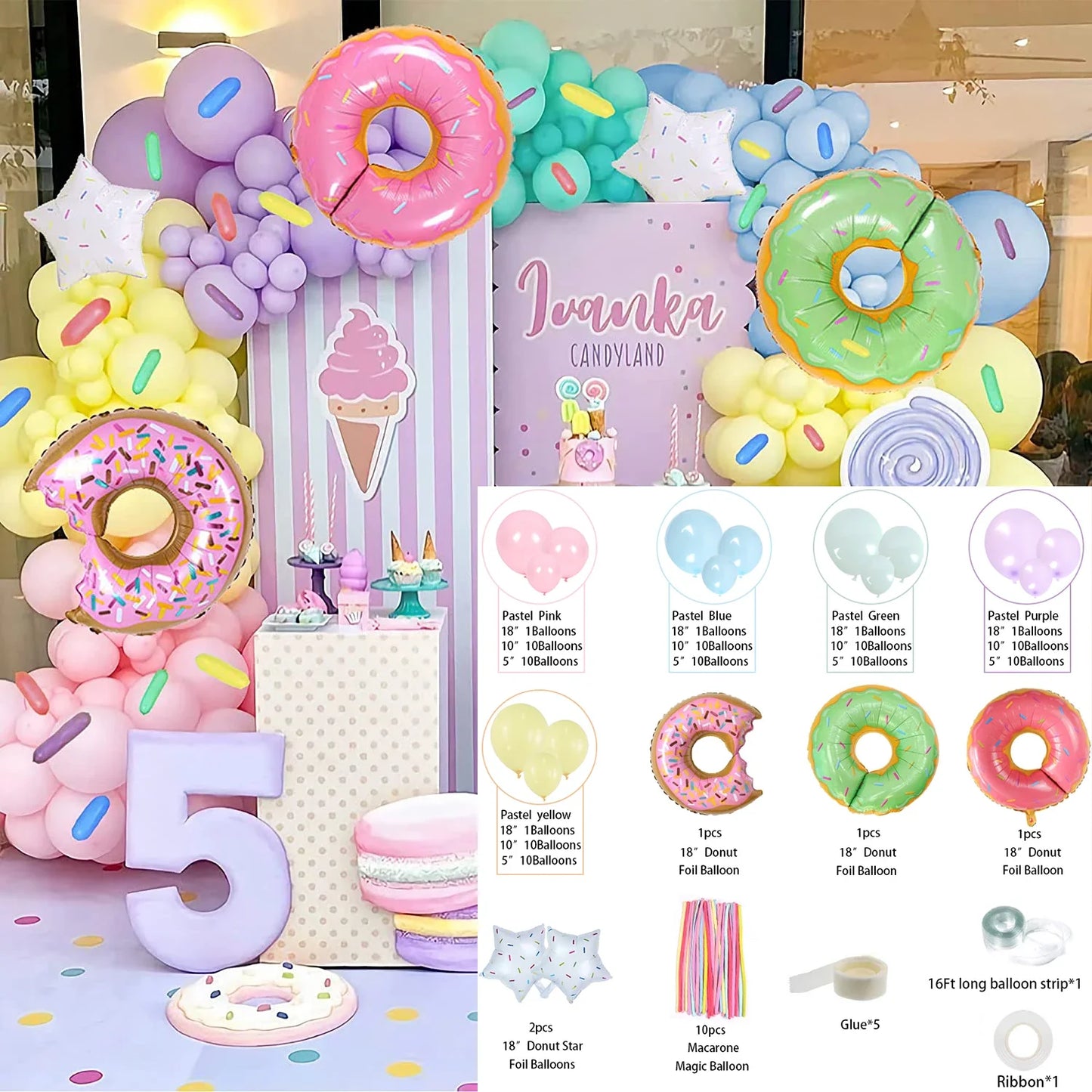 Colorful Pastel Balloon Arch Garland Kit Ice Cream Donut Helium Foil