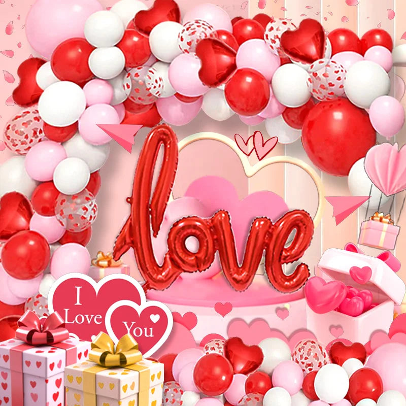 128Pcs Valentine's Day Red and Pink Heart-Shaped Foil Balloon Garland