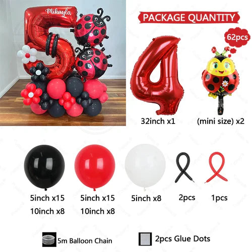 62pcs LadyBug Foil Balloons Garland Arch Kit Red Number Foil Ballon