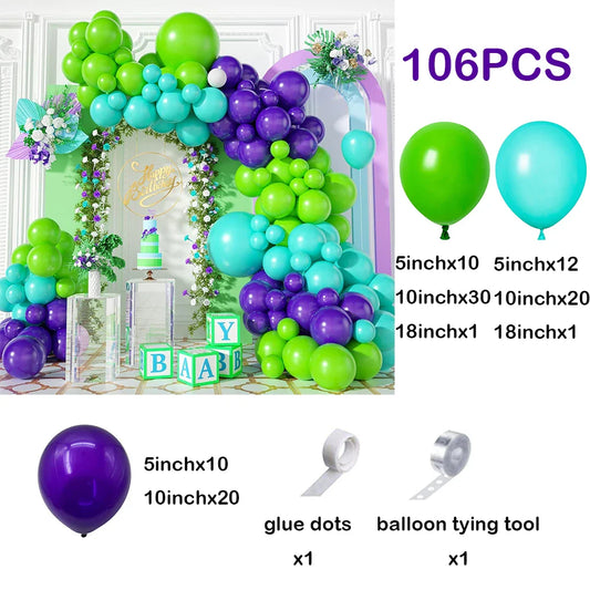106Pcs Green Purple Balloons Arch Garland Kit Blue Latex Ballon Boys