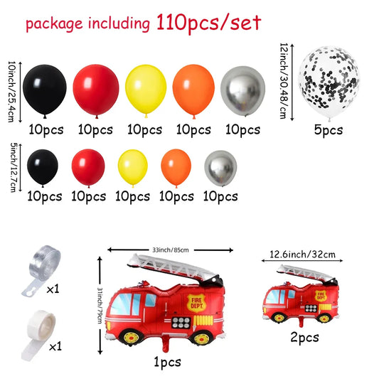 110Pcs Fire Truck Theme Yellow and Orange Balloon Arch Kit, Black and