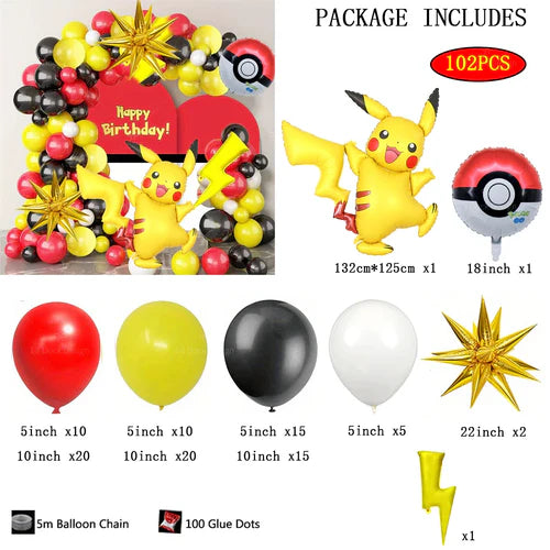 102Pcs Pokemon Pikachu Balloon Garland Arch Kit Red Yellow Black Latex