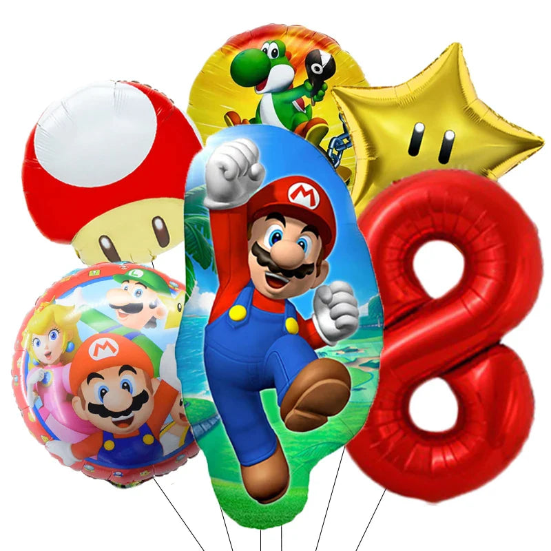 Super Mario Bros Birthday Ballons 6pcs Set Anime Aluminum Kids Foil Balloon Ornament Number Balloons Party Decoration Props Gift