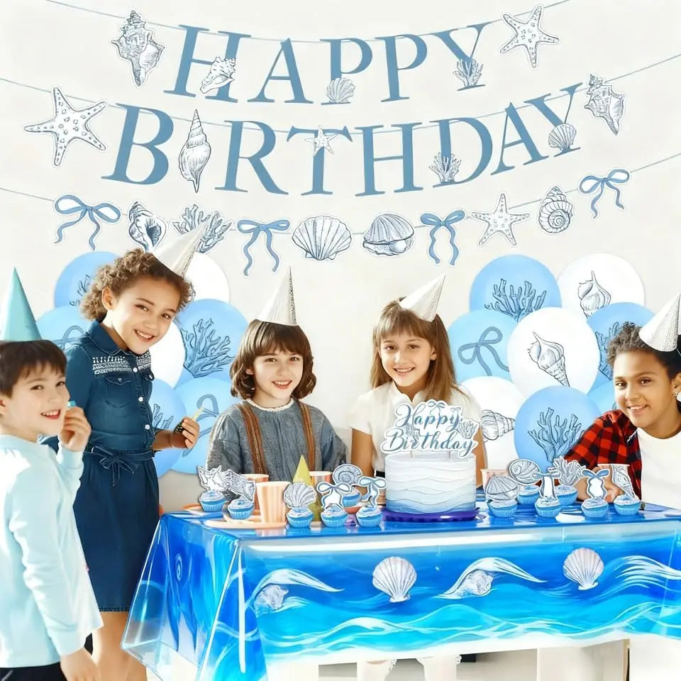 Elegant Ocean Mermaid Birthday Party Decorations Blue Bow Starfish Shell Coral Garland Banner Cake Topper Balloons Baby Shower