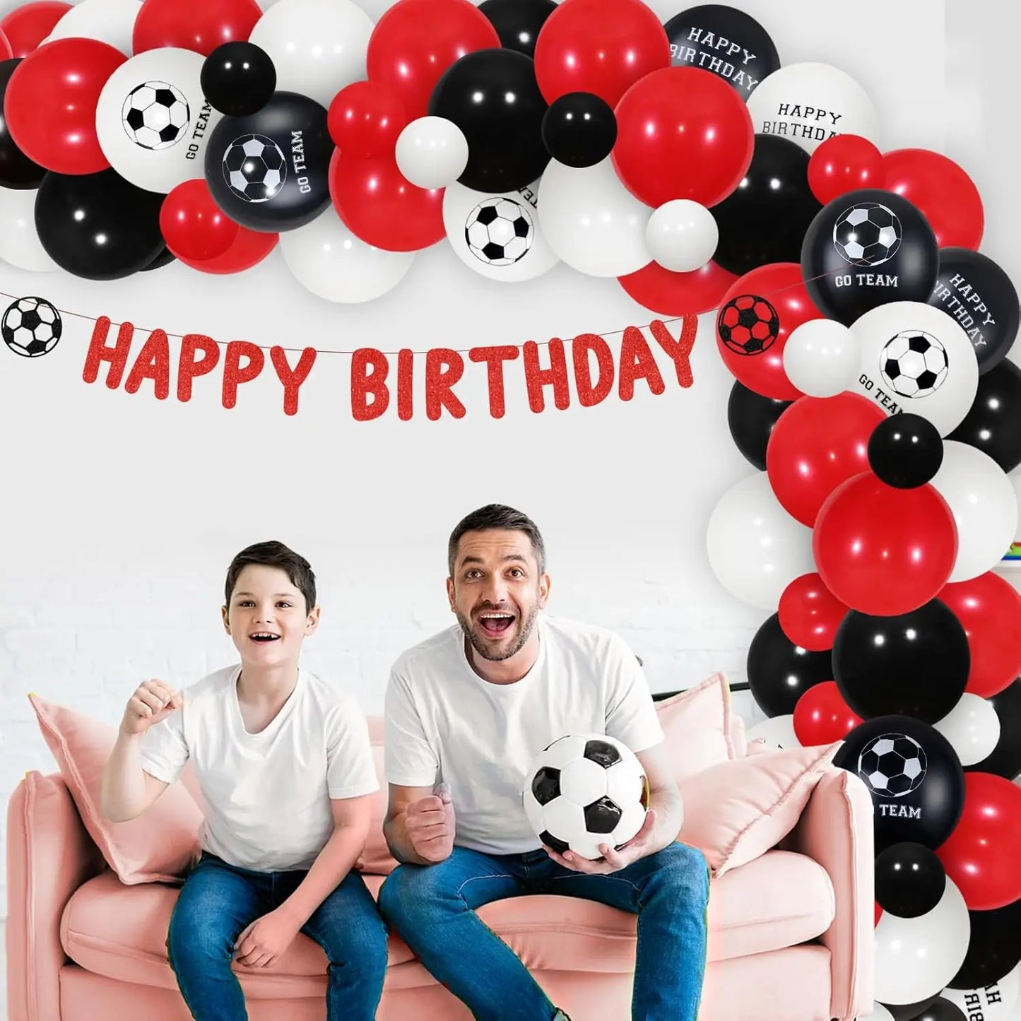 Soccer Theme Party Decor Red Black Balloon Garland Kit Happy Birthday Banner Cake Cupcake Topper Red Balloon for Boys Girls