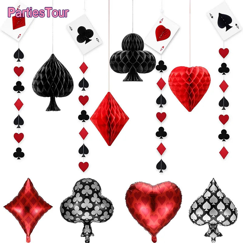 Casino Party Decoration Poker Honeycomb Ball Poker Card Garlands Balloons Casino Las Vegas Themed Adult Birthday Party Supplies