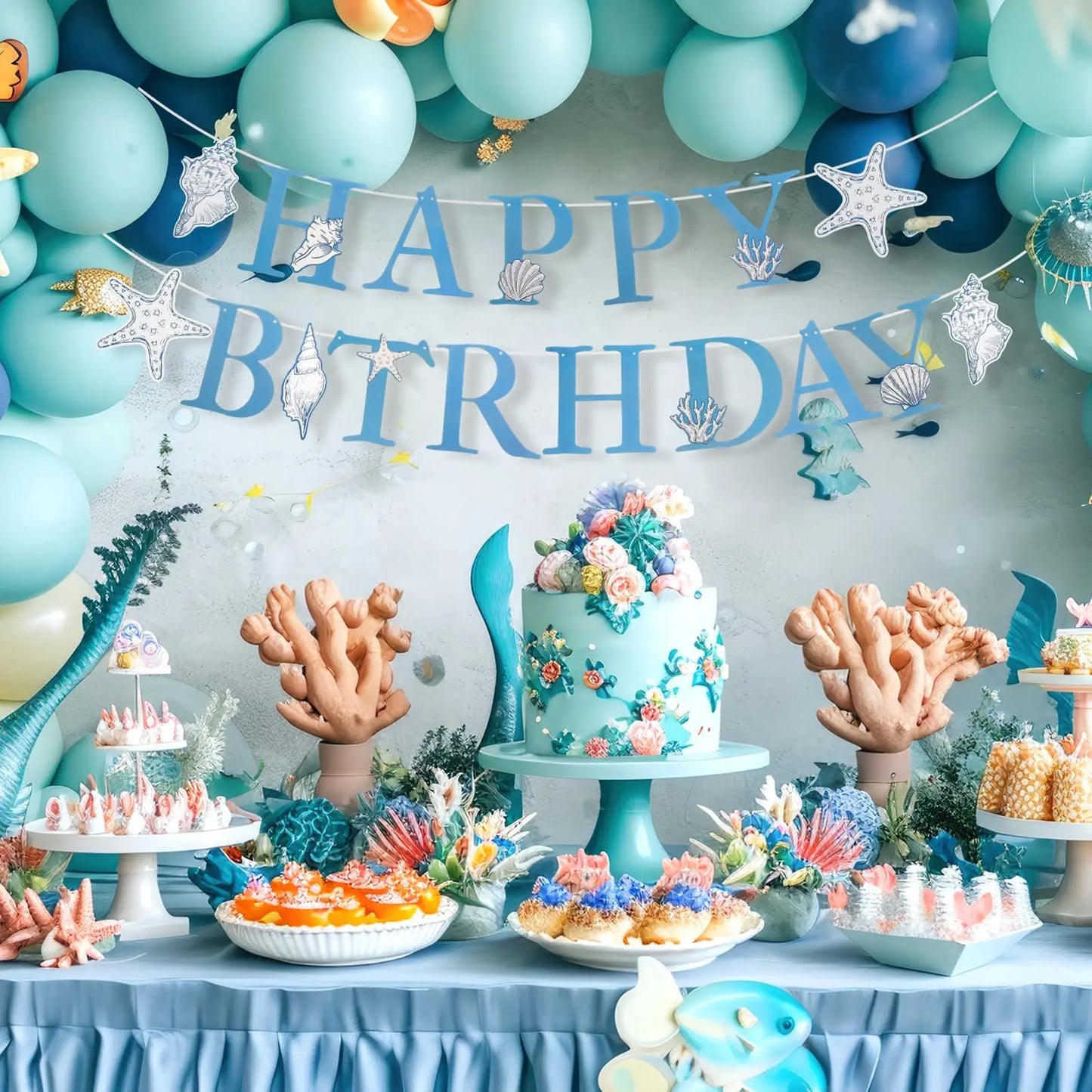 Elegant Ocean Mermaid Birthday Party Decorations Blue Bow Starfish Shell Coral Garland Banner Cake Topper Balloons Baby Shower