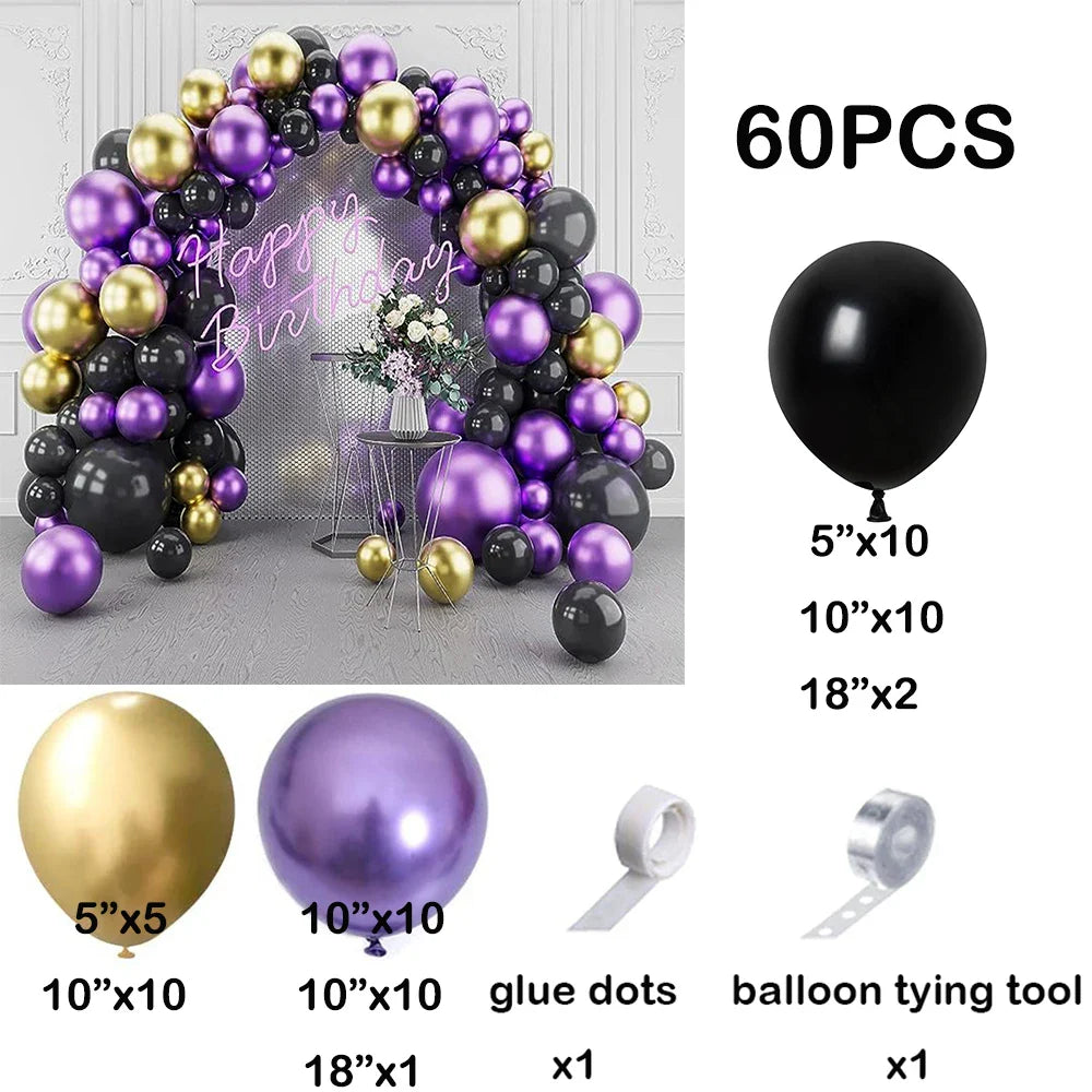 60Pcs Black Balloons Garland Metallic Gold Purple Balloons Arch Kit Kids Birthday Party Baby Shower Graduation Decoration Globos