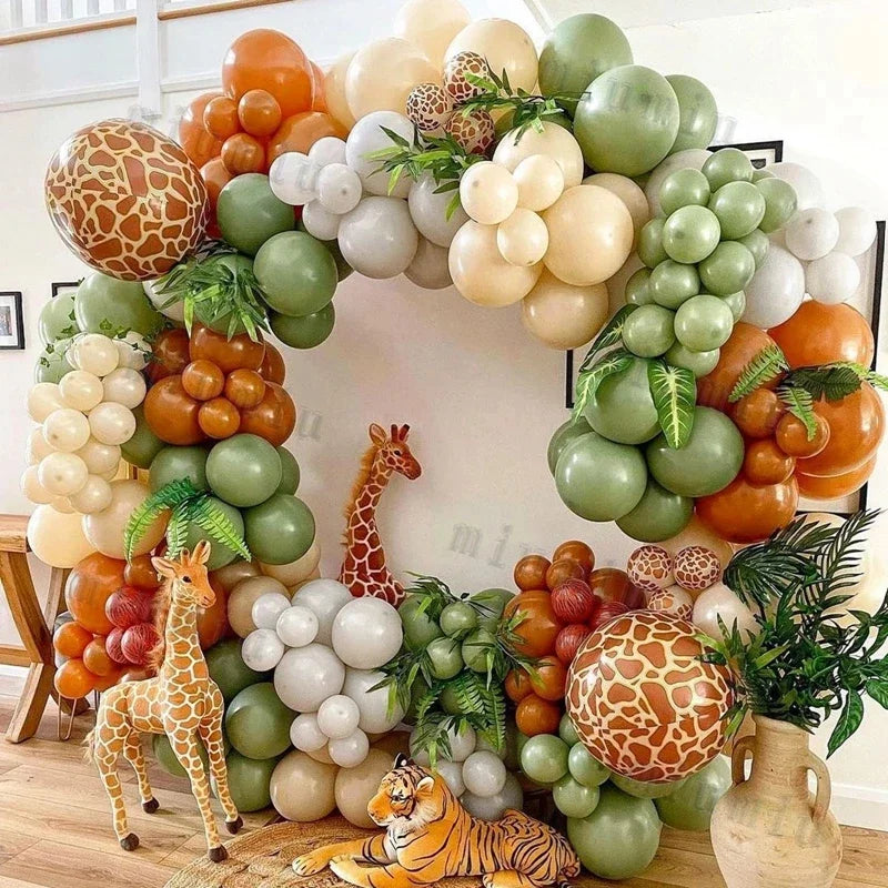 Sage Green Brown Wildlife Themed Balloon Garland Arch Kit Deer Print for Jungle Safari Kid Birthday Baby Shower Party Decoration