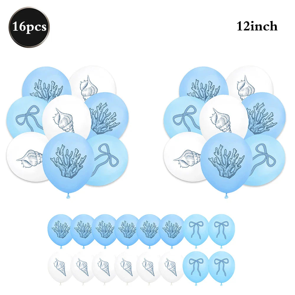 Elegant Ocean Mermaid Birthday Party Decorations Blue Bow Starfish Shell Coral Garland Banner Cake Topper Balloons Baby Shower