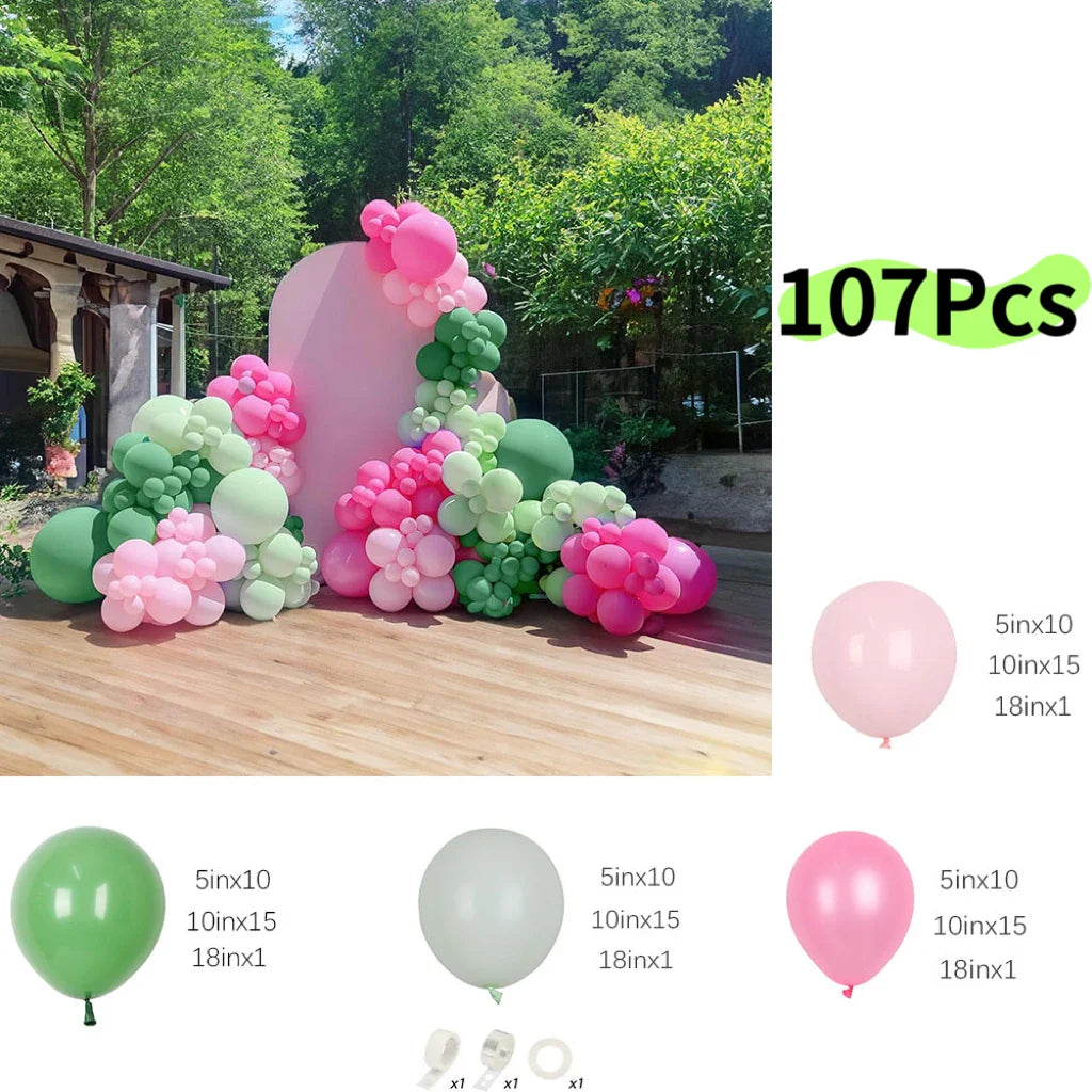 107Pcs Hot Pink Green Balloons Garland Arch Kit Macaroon Pink Green Balloons for Baby Shower Wedding Bridal Shower Party Decor