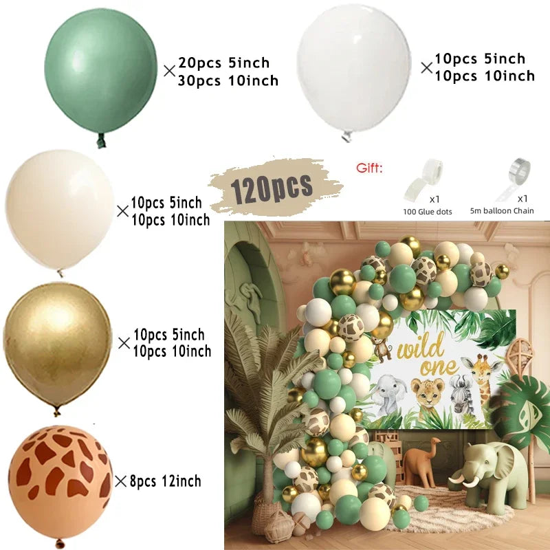 Sage Green Brown Wildlife Themed Balloon Garland Arch Kit Deer Print for Jungle Safari Kid Birthday Baby Shower Party Decoration