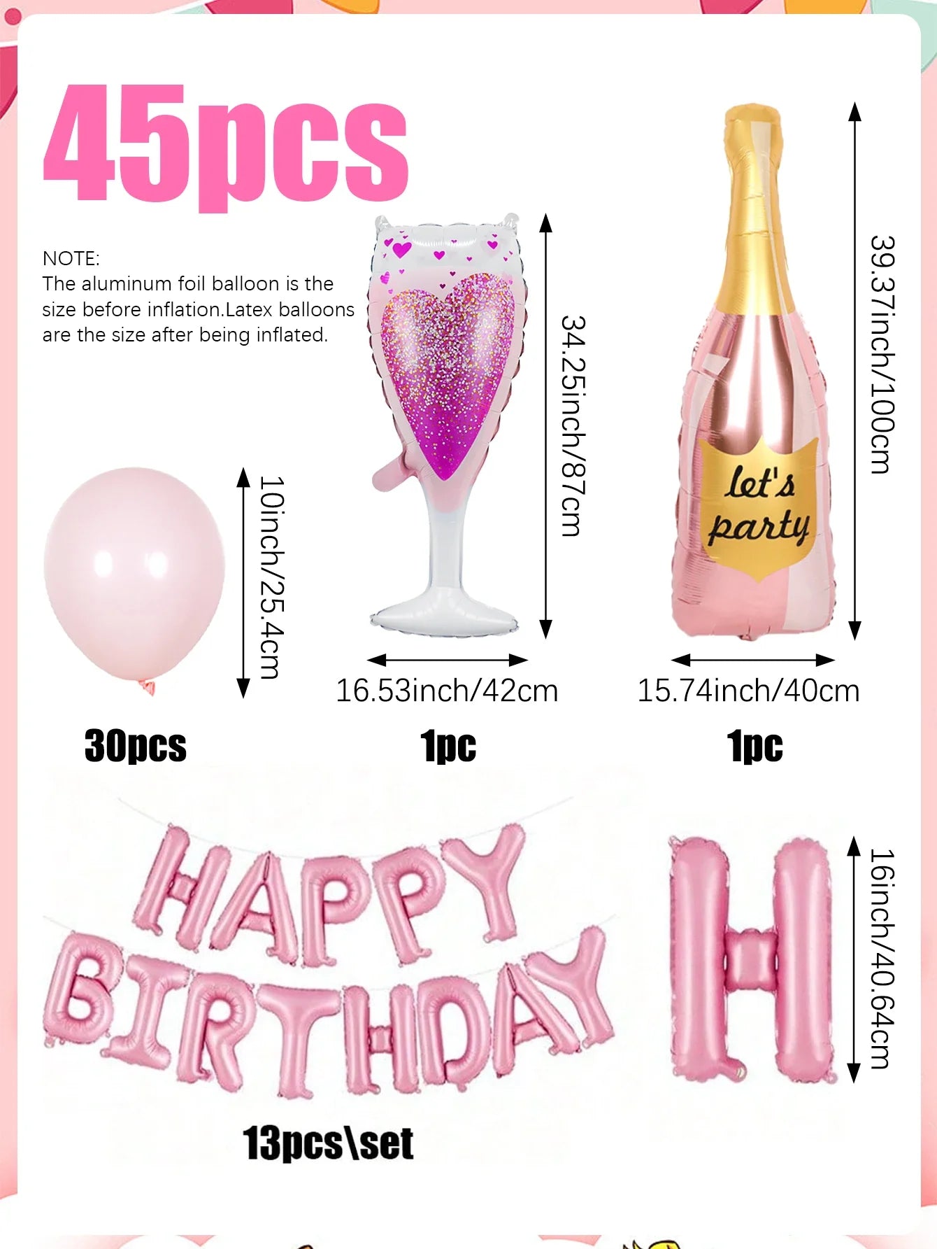 45pcs/set 16-inch pink "Happy Birthday" letter foil balloon set, birthday party decorations, wedding decorations.
