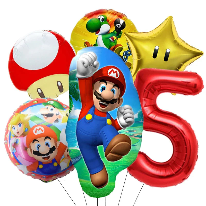 Super Mario Bros Birthday Ballons 6pcs Set Anime Aluminum Kids Foil Balloon Ornament Number Balloons Party Decoration Props Gift