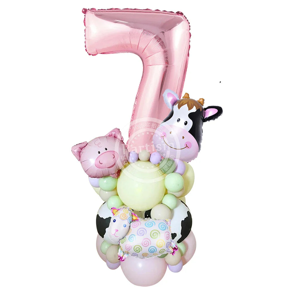 27PCS Carton Farm Animal Balloon Tower 32inch Foil Number Balloon Girl's Farm Animal Birthday Party Supply DIY Party Decoration