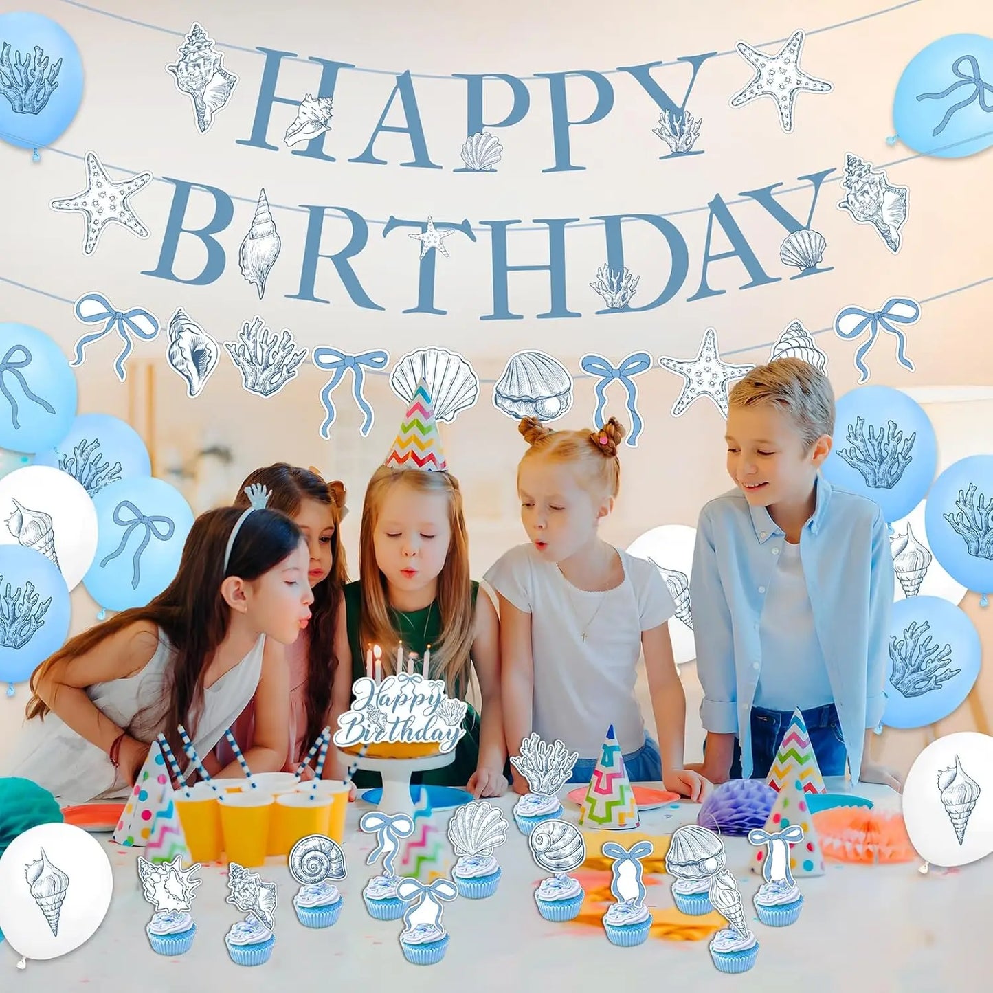 Elegant Ocean Mermaid Birthday Party Decorations Blue Bow Starfish Shell Coral Garland Banner Cake Topper Balloons Baby Shower