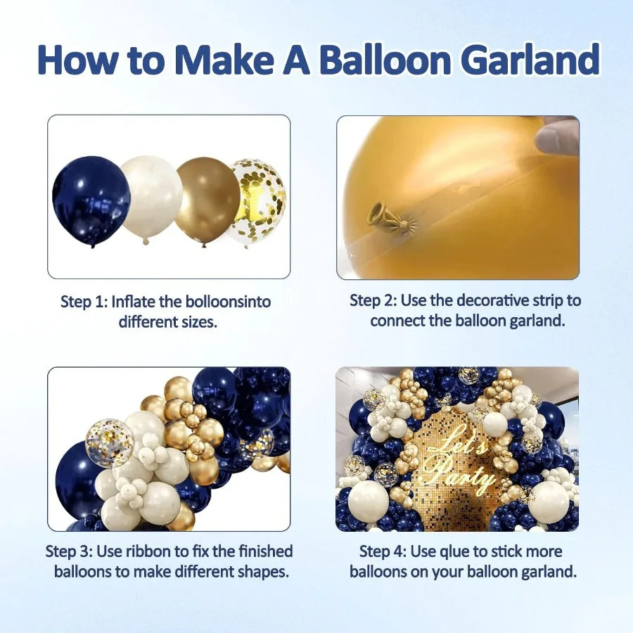 Navy Blue Gold Balloon Garland Arch Kit with Double Stuffed Pearl White Royal Blue Chrome Gold Confetti Balloons for New Year G