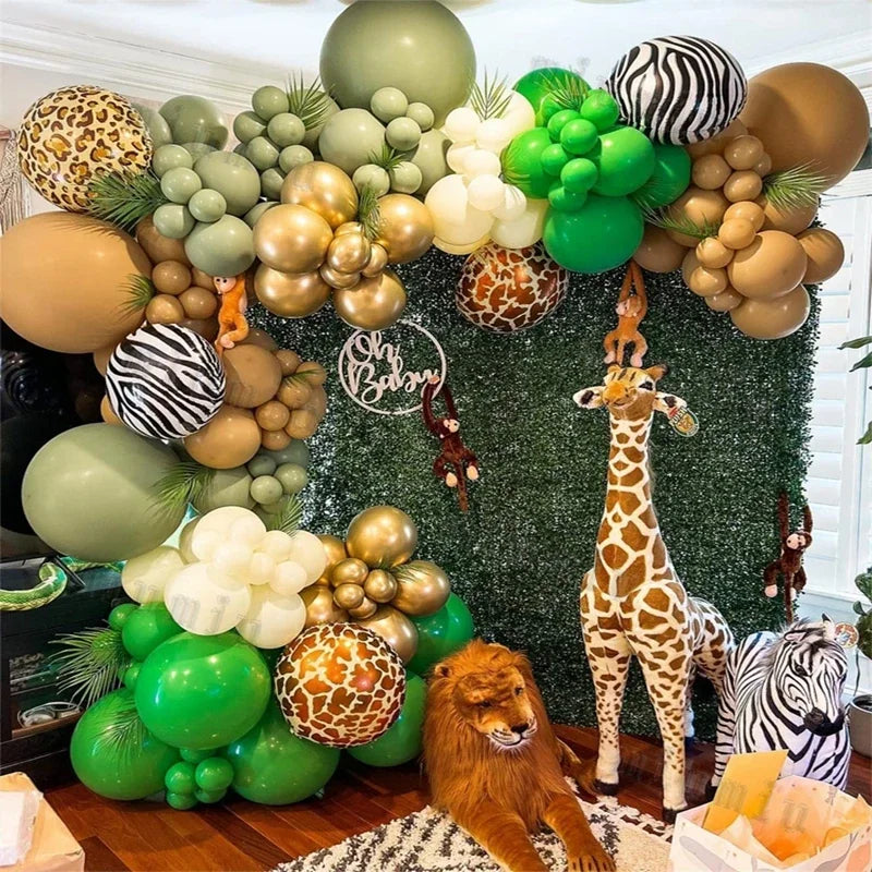 Sage Green Brown Wildlife Themed Balloon Garland Arch Kit Deer Print for Jungle Safari Kid Birthday Baby Shower Party Decoration