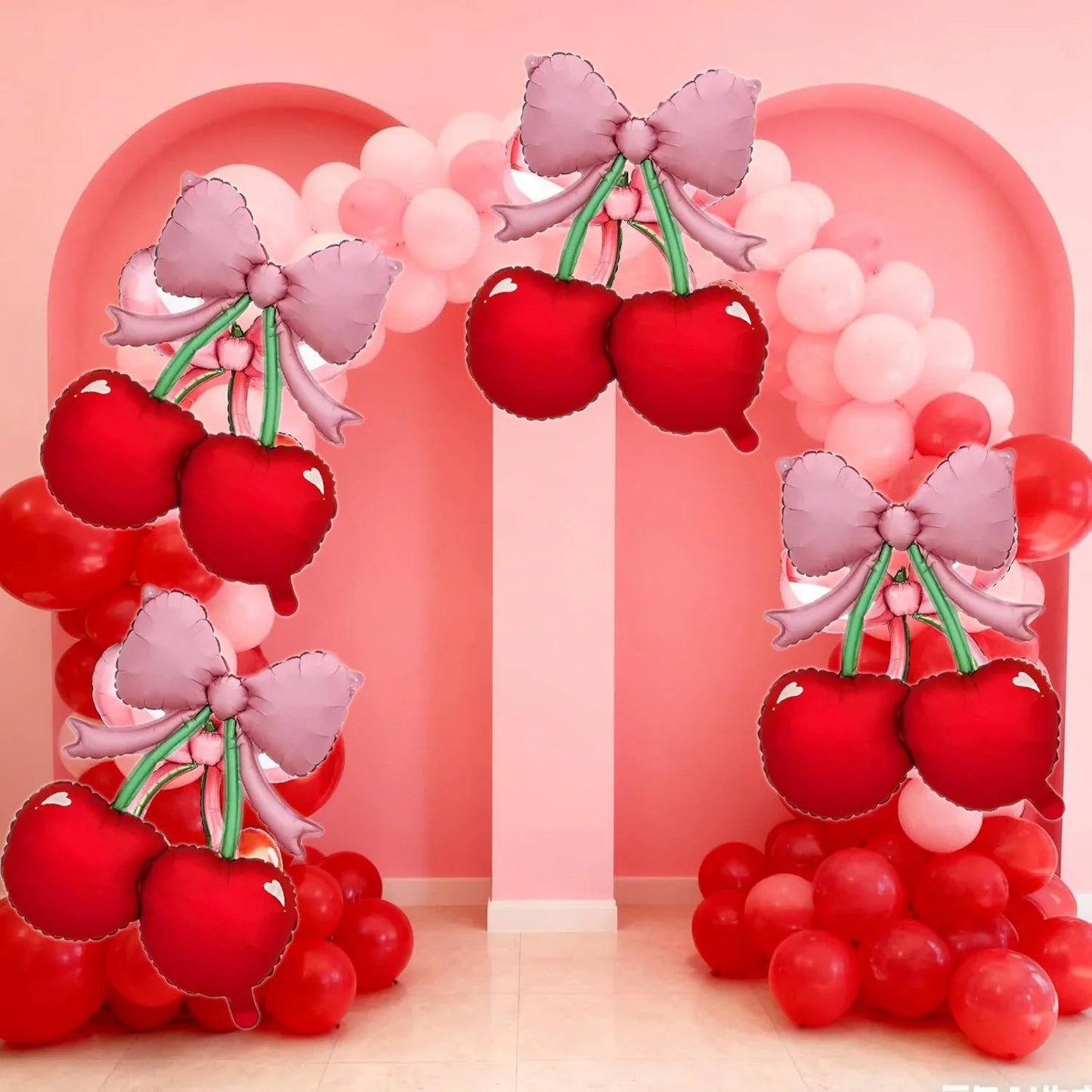 2PCS Pink Bow Red Cherry Balloons - "She's The Cherry On Top" Party Decor, Berry 1st Birthday, Girl/Women Summer Fruit Theme