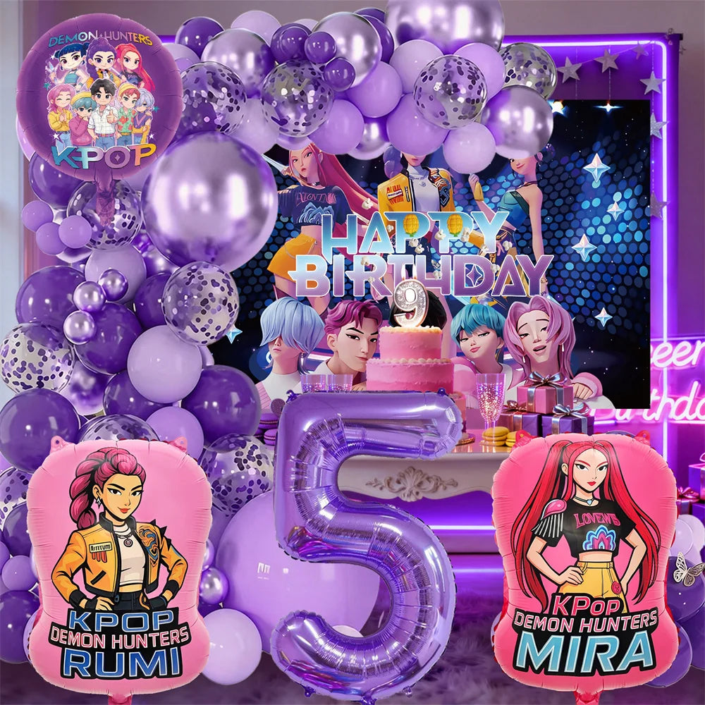 K-Pop Birthday Party Decorations, Purple Pink Balloon Garland Kit with Foil Balloons & Happy Birthday Backdrop for Girls Party