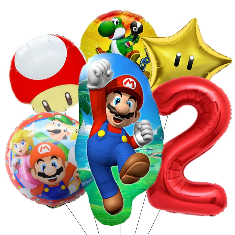 Super Mario Bros Birthday Ballons 6pcs Set Anime Aluminum Kids Foil Balloon Ornament Number Balloons Party Decoration Props Gift