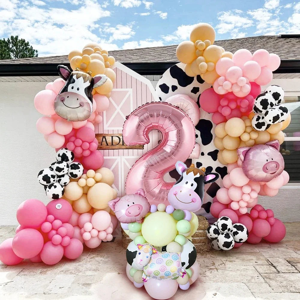 27PCS Carton Farm Animal Balloon Tower 32inch Foil Number Balloon Girl's Farm Animal Birthday Party Supply DIY Party Decoration