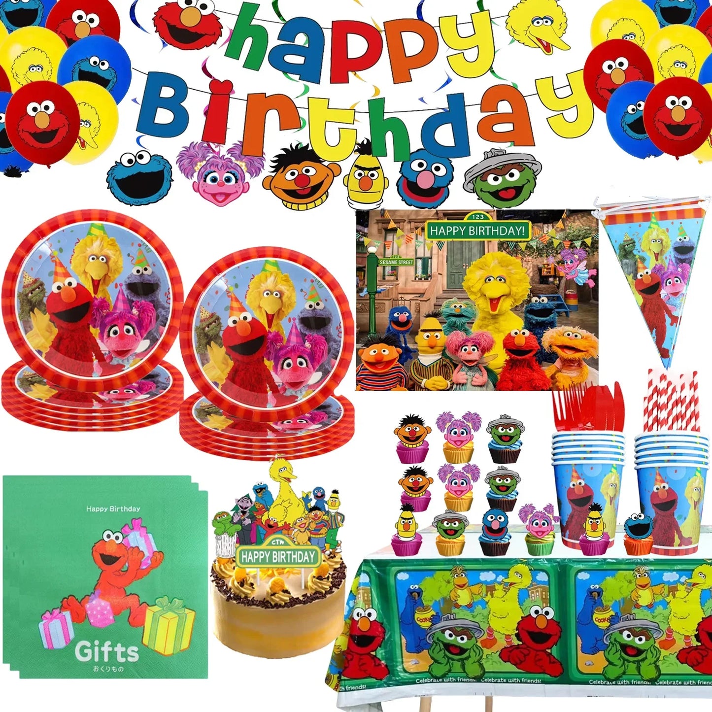 Cute S&Sesames Street Birthday Party Decorations Moster Theme Tableware Cake Topper Balloon Party Favors Kids Baby Shower Decor