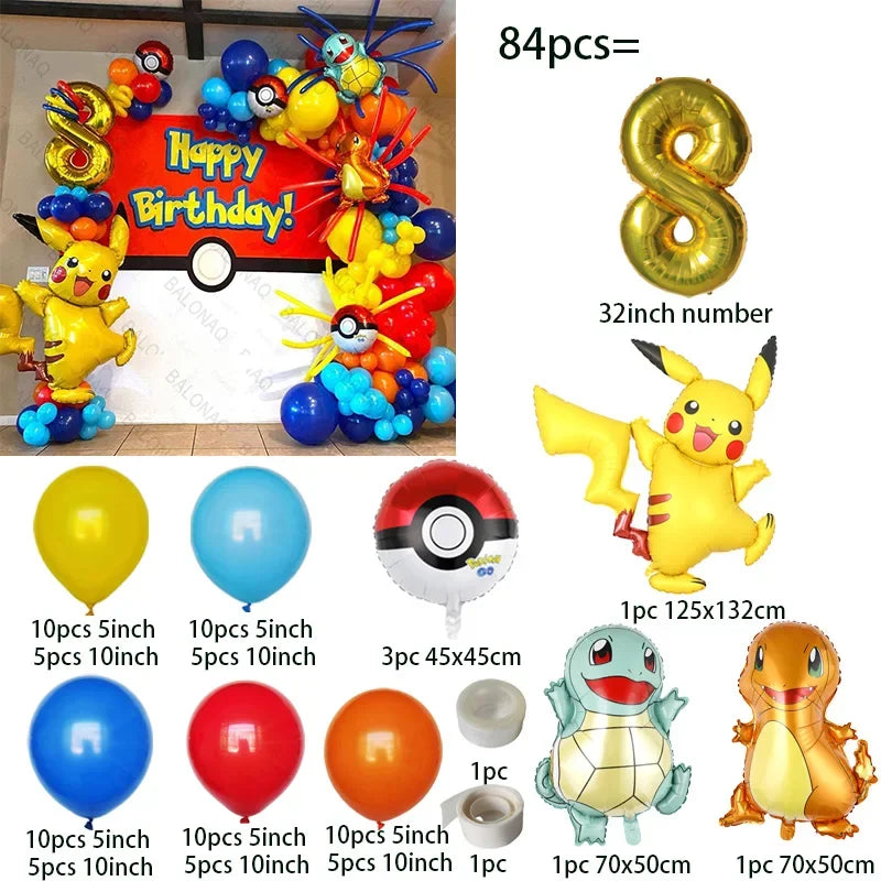 84pcs Pikachu Party Balloons Garland Arch Kit Pokemon Theme Birthday Party Decor Supplies Pikachu Squirtle Bulbasaur Pocket Ball