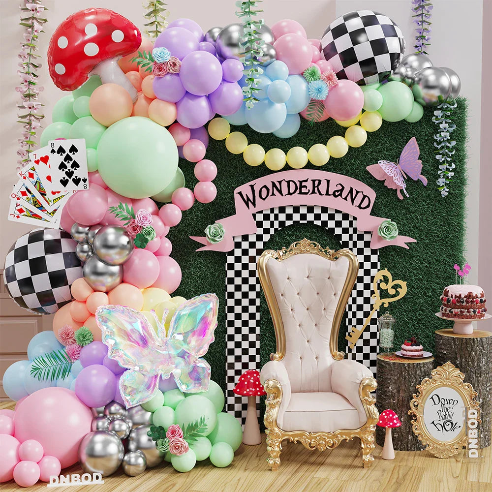 128Pcs Macaron Wonderland Balloon Garland Kit Butterfly Mushroom Foil Balloon Green Pink Ballon Birthday Baby Shower Party Decor