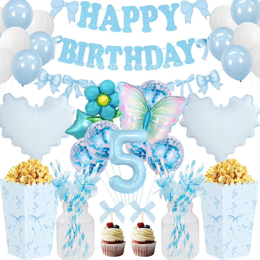 Blue Bow Birthday Party Decor Girl's Bow Birthday Decor Blue Bow Balloons Banner Garland Cake Toppers Bow Themed Party Decor