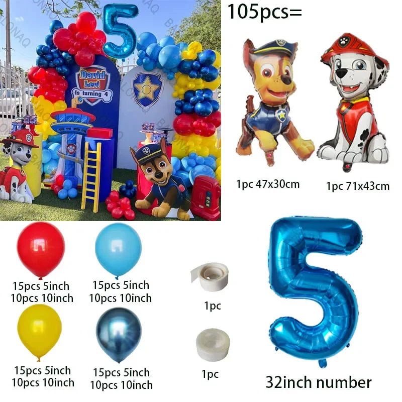 105pcs Paw Patrol Balloon Rescue Dog Chase Rubble Foil Balloon Children's Birthday Party Decoration Supplies Kids Gift