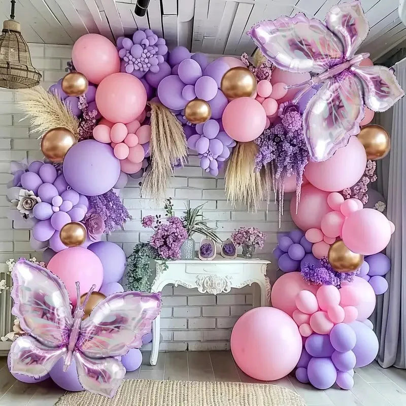 [Butterfly Theme Balloon Garland] 172-Piece Purple Butterfly Theme Balloon Garland Kit - Maca Purple and Pink with Gold Balloons, Suitable for Birthday, Mother's Day, Anniversary, and Spring Wedding Decorations
