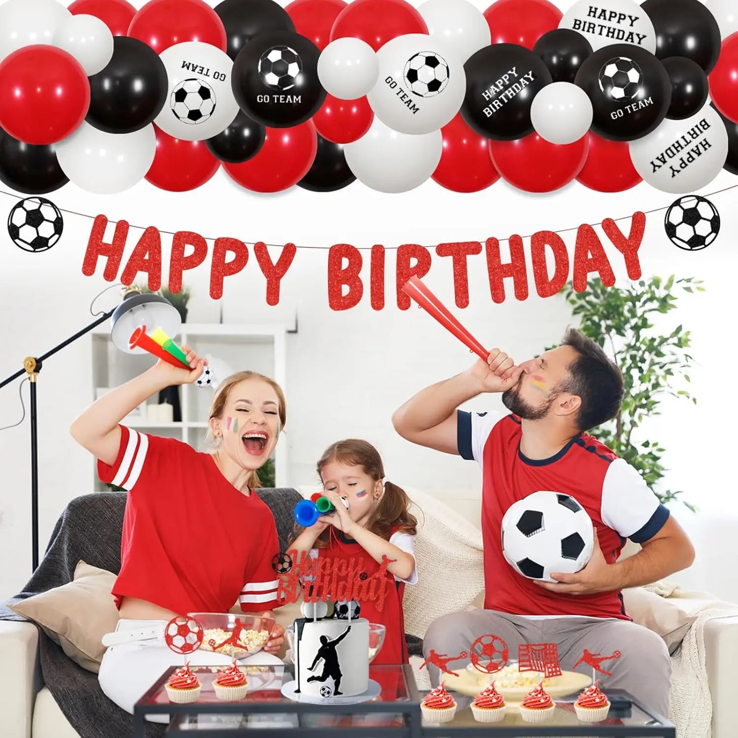 Soccer Theme Party Decor Red Black Balloon Garland Kit Happy Birthday Banner Cake Cupcake Topper Red Balloon for Boys Girls