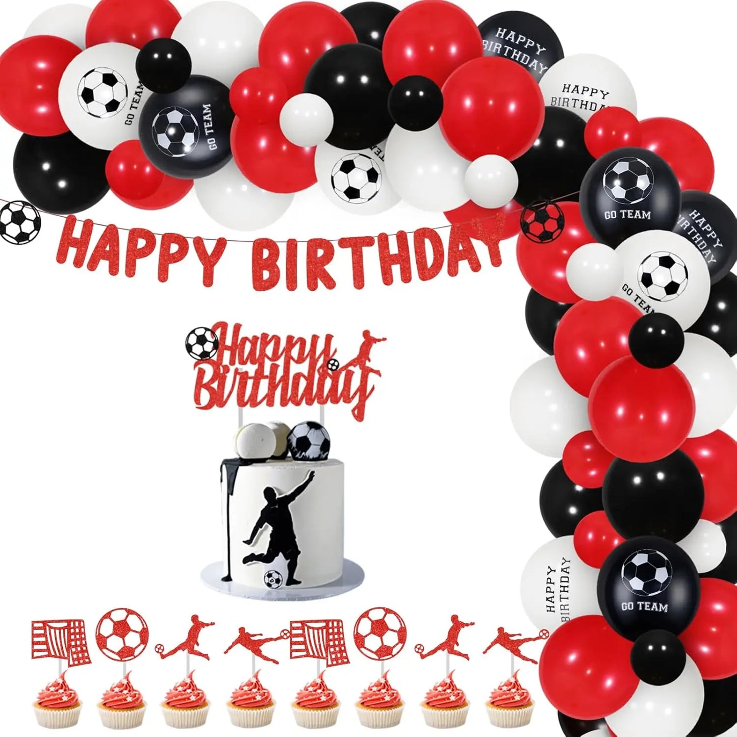 Soccer Theme Party Decor Red Black Balloon Garland Kit Happy Birthday Banner Cake Cupcake Topper Red Balloon for Boys Girls