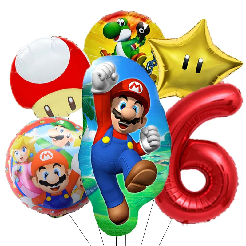 Super Mario Bros Birthday Ballons 6pcs Set Anime Aluminum Kids Foil Balloon Ornament Number Balloons Party Decoration Props Gift