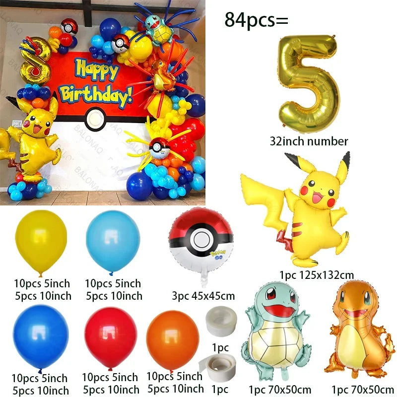 84pcs Pikachu Party Balloons Garland Arch Kit Pokemon Theme Birthday Party Decor Supplies Pikachu Squirtle Bulbasaur Pocket Ball