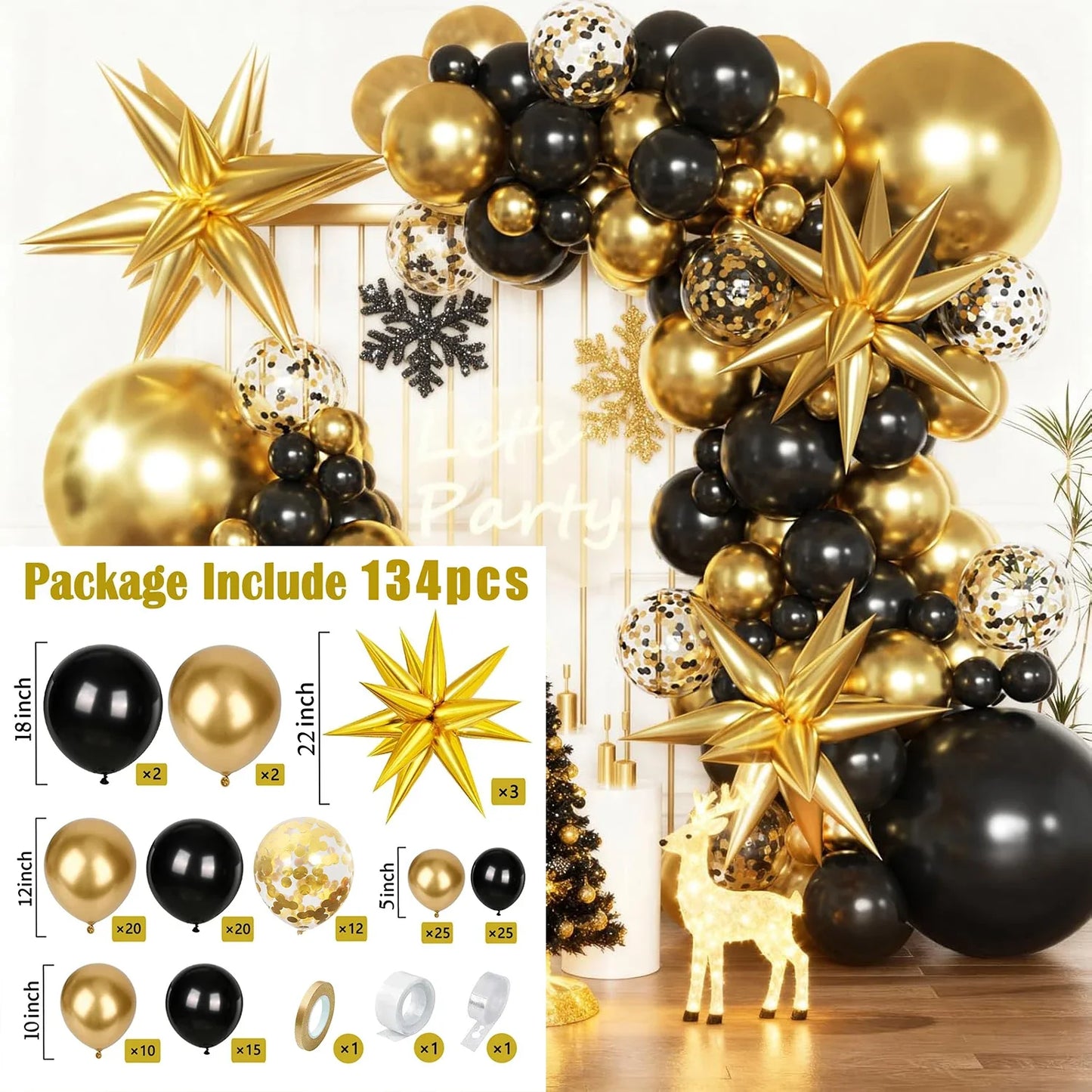 134pcs black and gold with gold confetti balloon garland arch set, suitable for birthday, Christmas, and New Year decorations