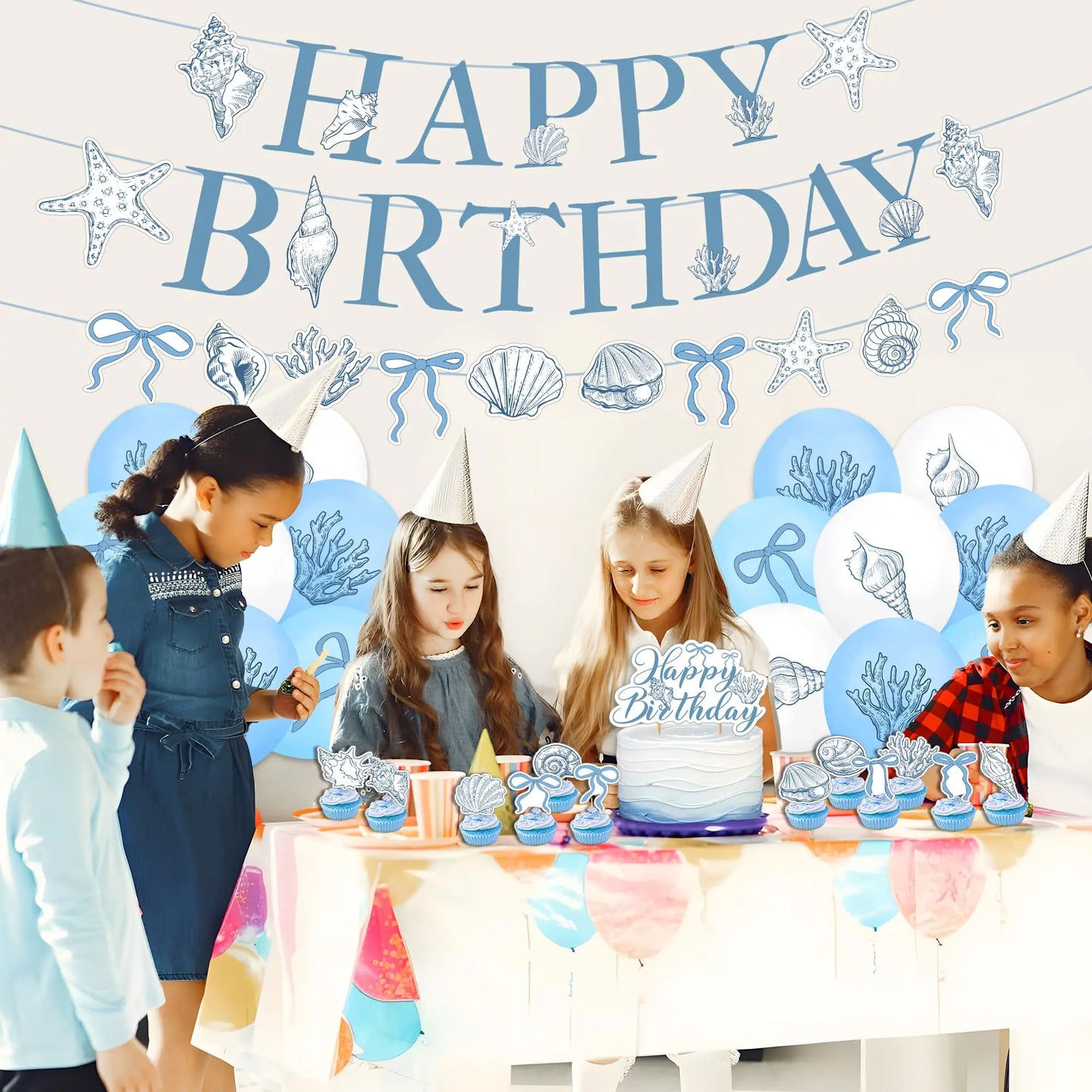 Elegant Ocean Mermaid Birthday Party Decorations Blue Bow Starfish Shell Coral Garland Banner Cake Topper Balloons Baby Shower