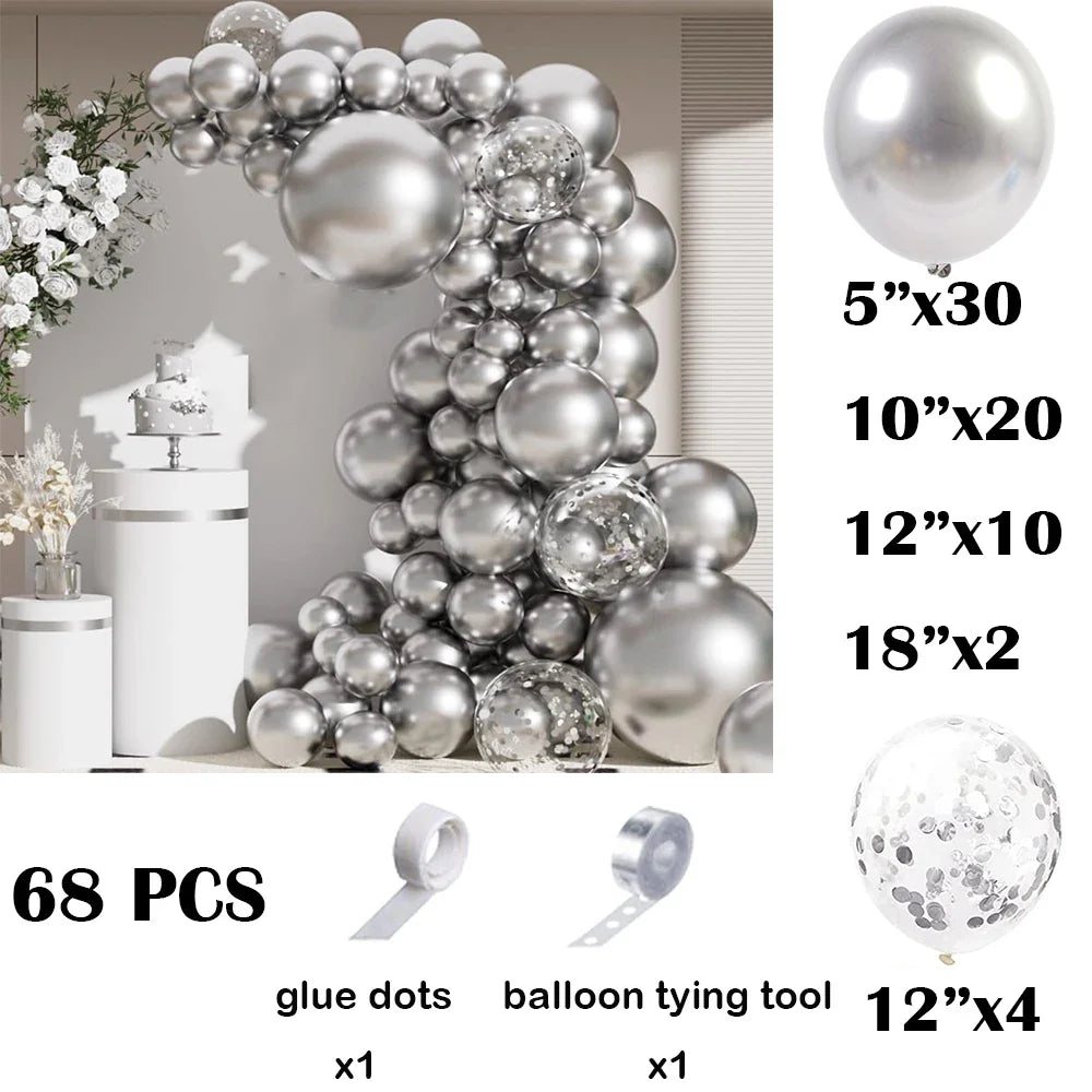68Pcs Metallic Silver Balloons Garland Arch Kit Chrome Silver Confetti Latex Ballon Graduation Wedding Birthday Party Decoration