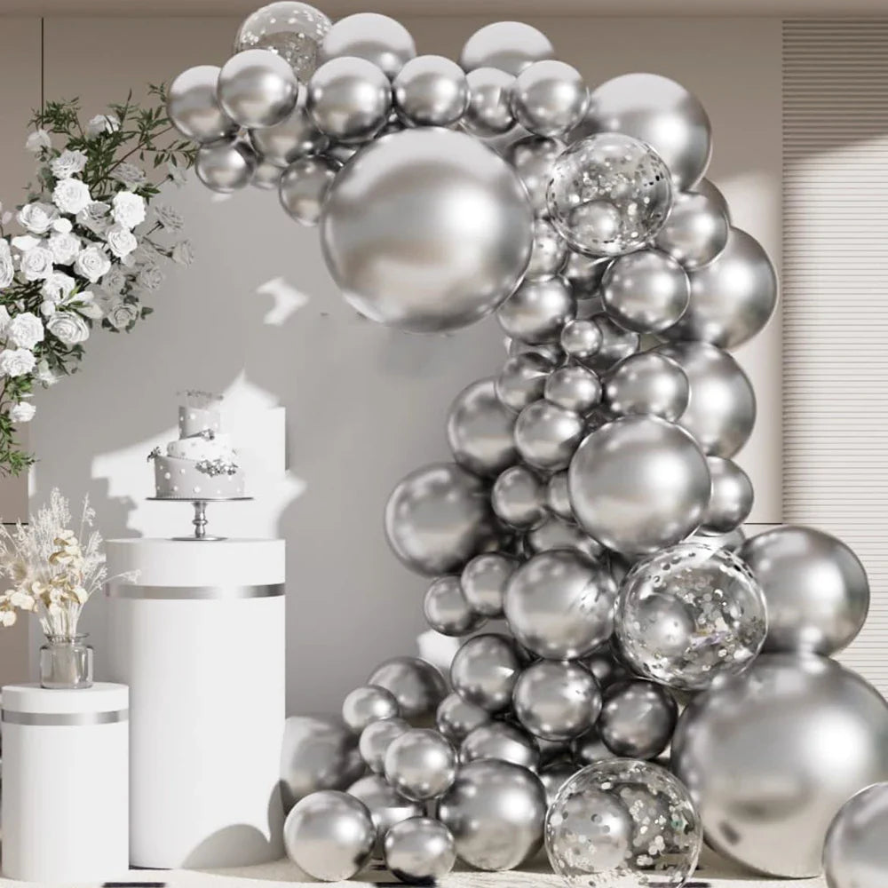 68Pcs Metallic Silver Balloons Garland Arch Kit Chrome Silver Confetti Latex Ballon Graduation Wedding Birthday Party Decoration