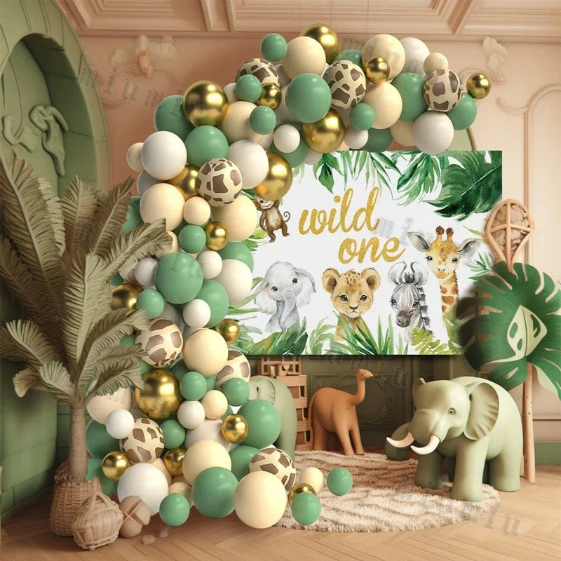 Sage Green Brown Wildlife Themed Balloon Garland Arch Kit Deer Print for Jungle Safari Kid Birthday Baby Shower Party Decoration