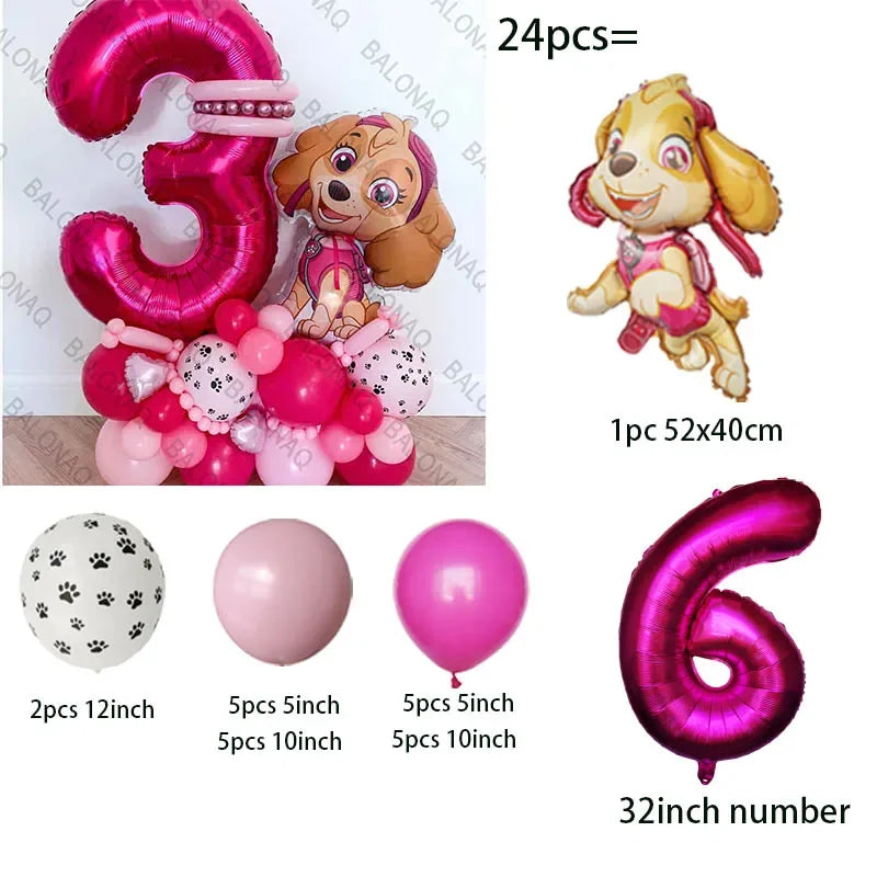 24pcs Paw Patrol Children's Birthday Party Decoration Girls Boys Anime Cartoon Balloon Set Dogs Skye Chase Balloons Baby Shower