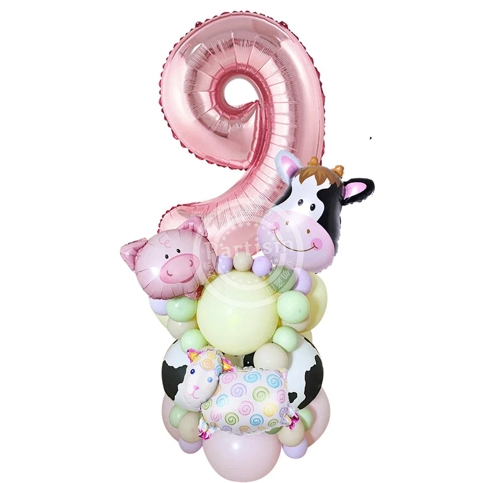 27PCS Carton Farm Animal Balloon Tower 32inch Foil Number Balloon Girl's Farm Animal Birthday Party Supply DIY Party Decoration