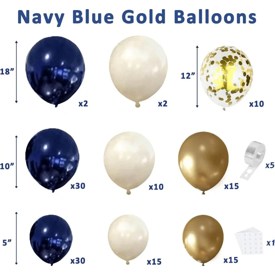 Navy Blue Gold Balloon Garland Arch Kit with Double Stuffed Pearl White Royal Blue Chrome Gold Confetti Balloons for New Year G