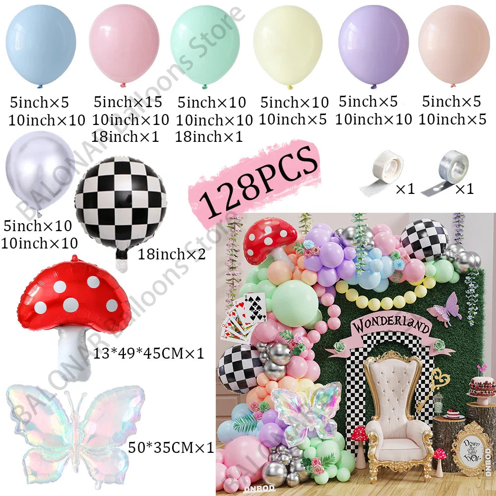 128Pcs Macaron Wonderland Balloon Garland Kit Butterfly Mushroom Foil Balloon Green Pink Ballon Birthday Baby Shower Party Decor