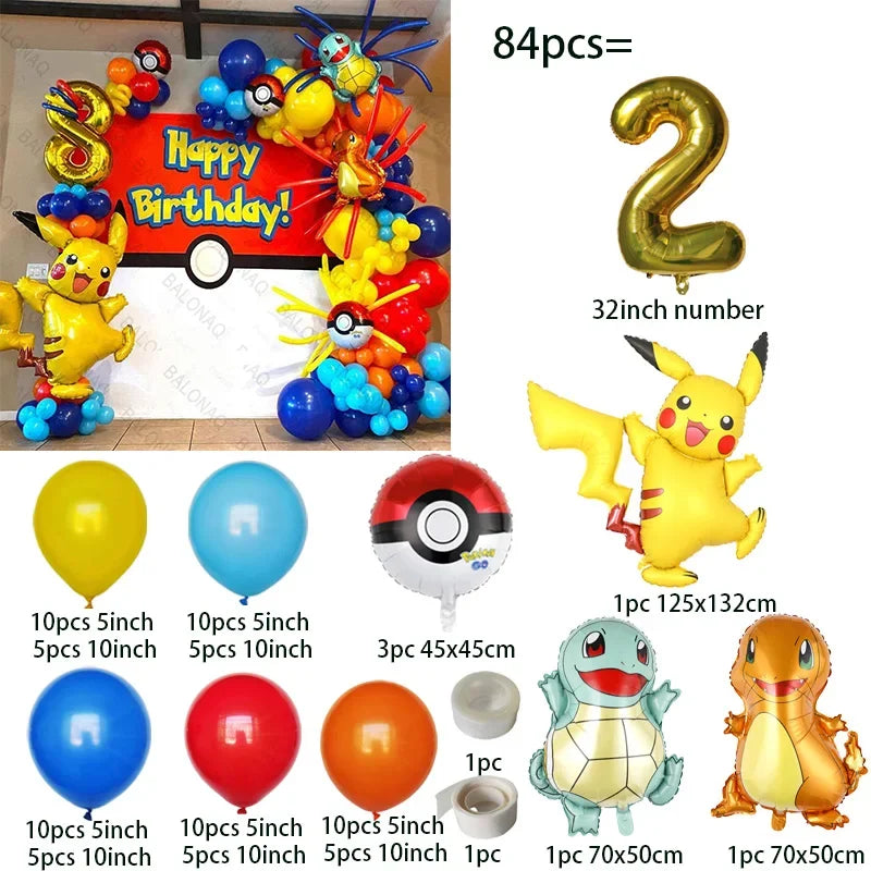 84pcs Pikachu Party Balloons Garland Arch Kit Pokemon Theme Birthday Party Decor Supplies Pikachu Squirtle Bulbasaur Pocket Ball