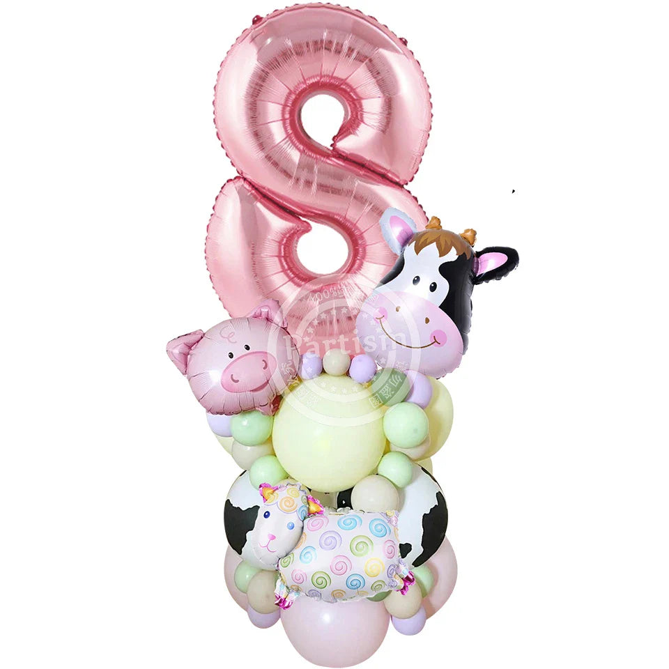 27PCS Carton Farm Animal Balloon Tower 32inch Foil Number Balloon Girl's Farm Animal Birthday Party Supply DIY Party Decoration